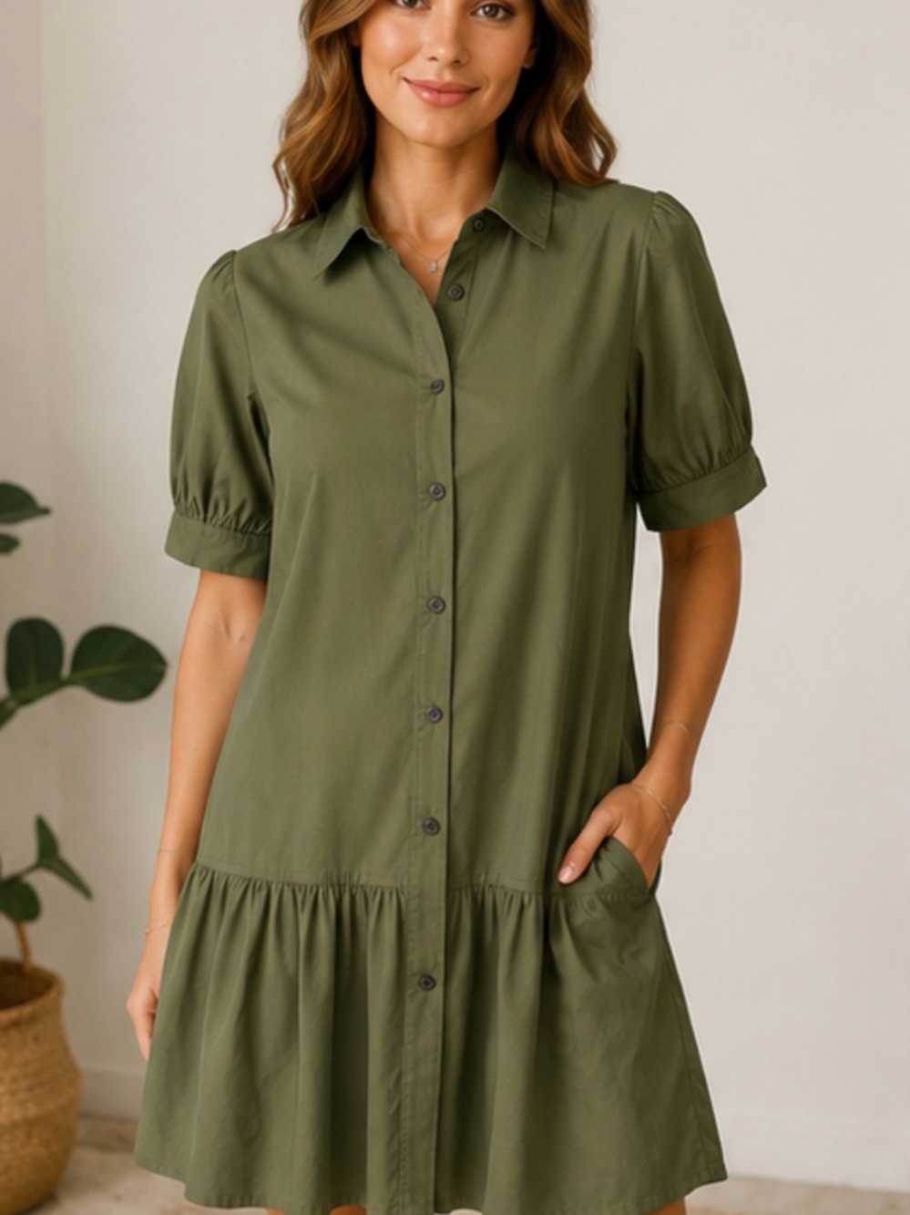 10 Crosby Derek Lam Olive Green Button-Down Mini Dress